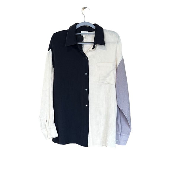 143 Story Women's Button-Up Long Sleeve Gauze Blouse Grey/Cream Med - Picture 1 of 12